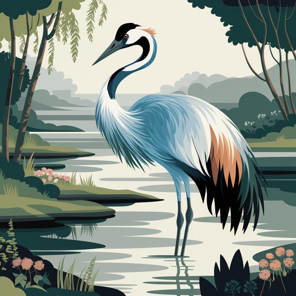 Crane in Tranquil Nature: Abstract Illustration