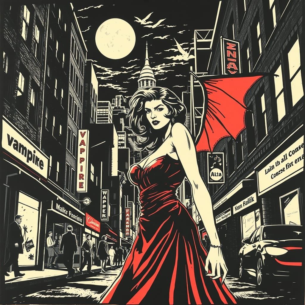 Vampire Lady Stalks City Streets in Linocut Print