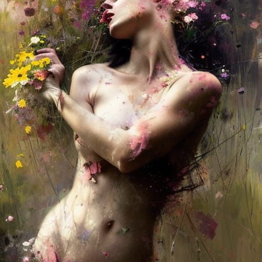 Romantic Floral Nude: An Oil on Canvas Portrait