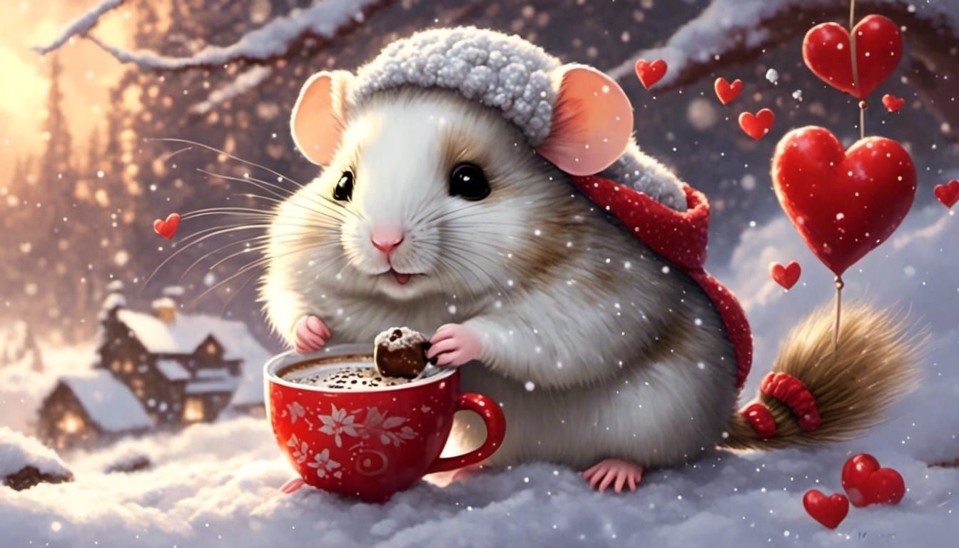 <lora:mouse:1.0> cute hamster with hot coco valentine,snowy day