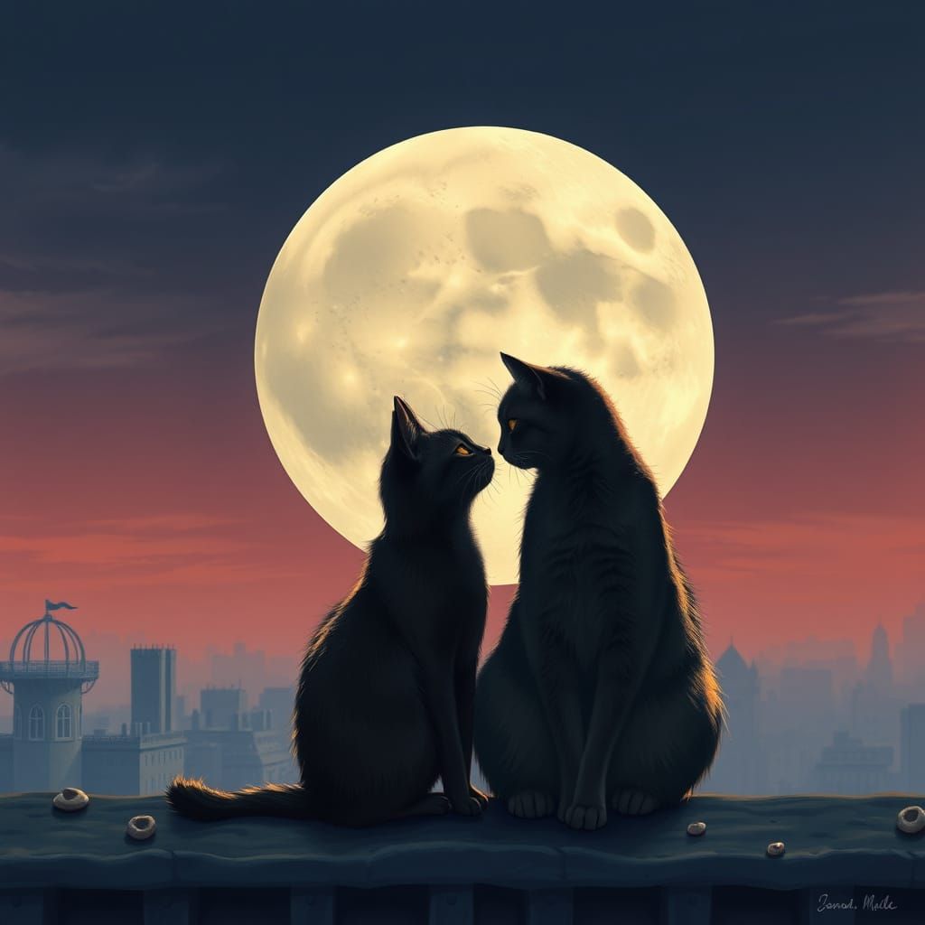 Cats in Love on Rooftop Under Full Moon