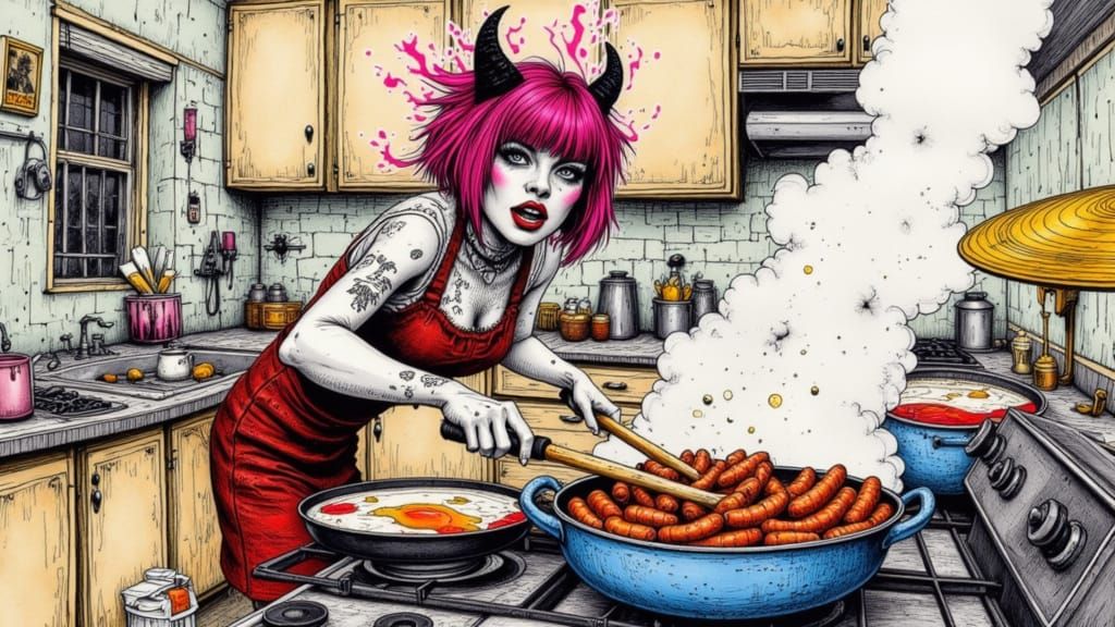 Punk Goth Drummer Frying Sausages in Chaotic Kitchen