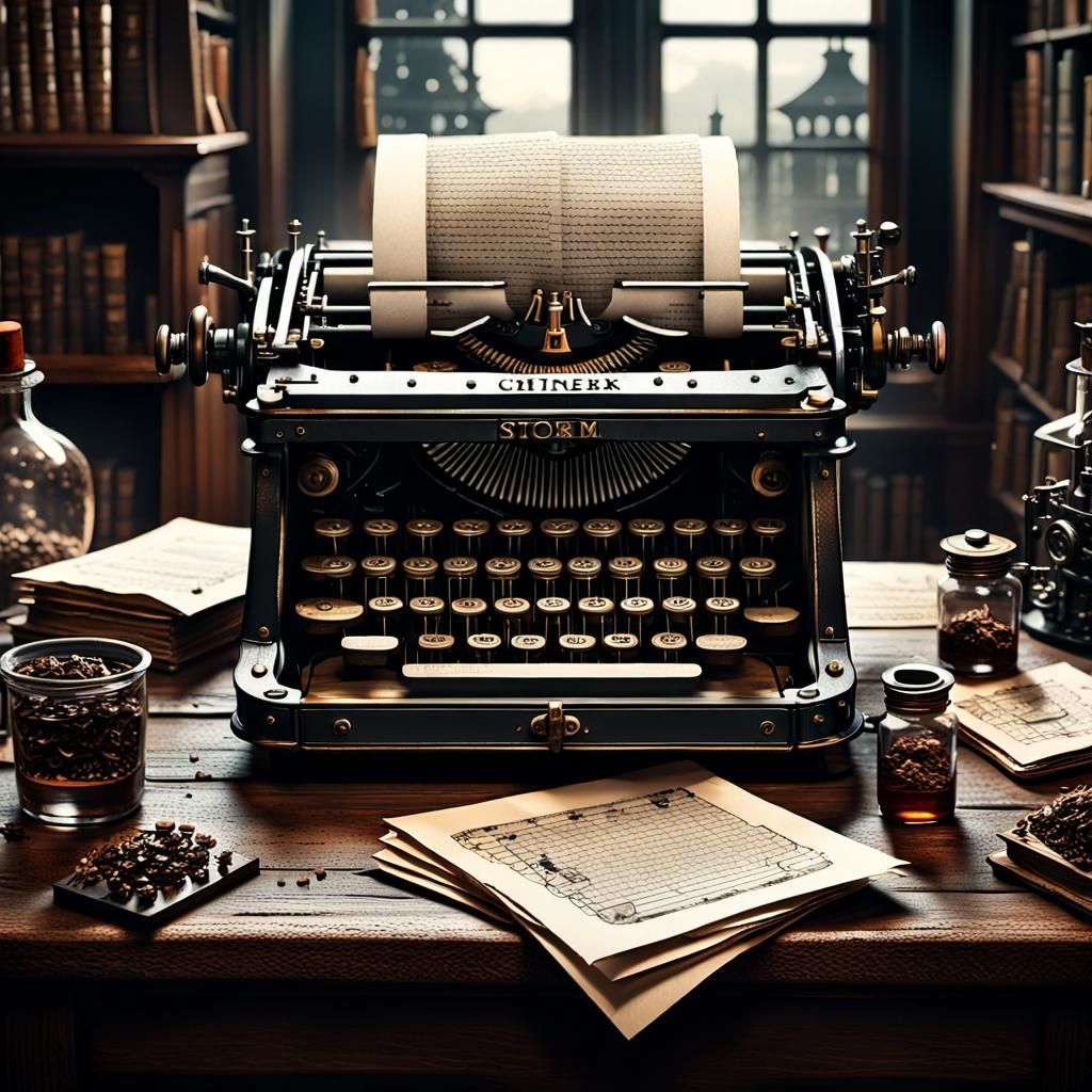 Steampunk Writer in Stormy 18th-Century Room