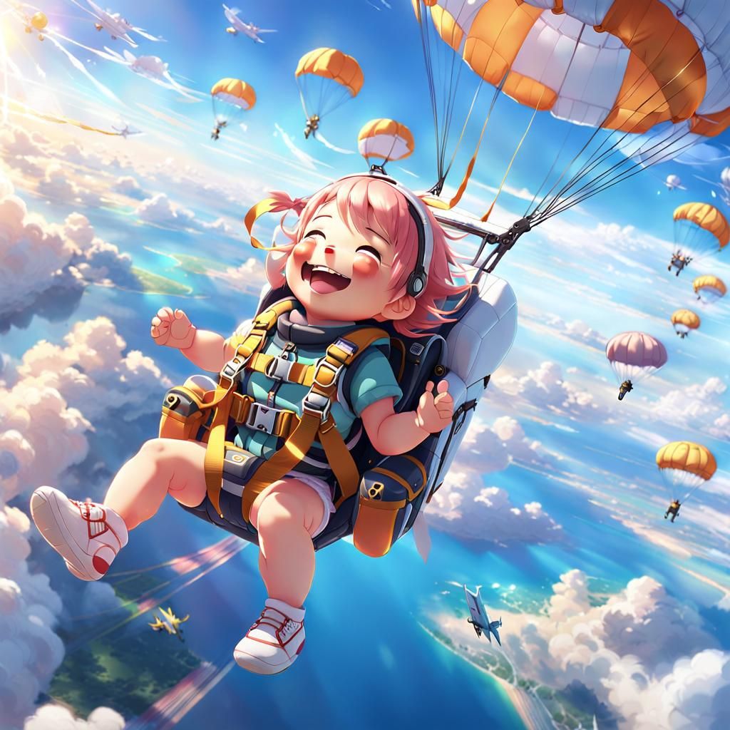 An infant baby girl jumps from an airplane strapped with a p...