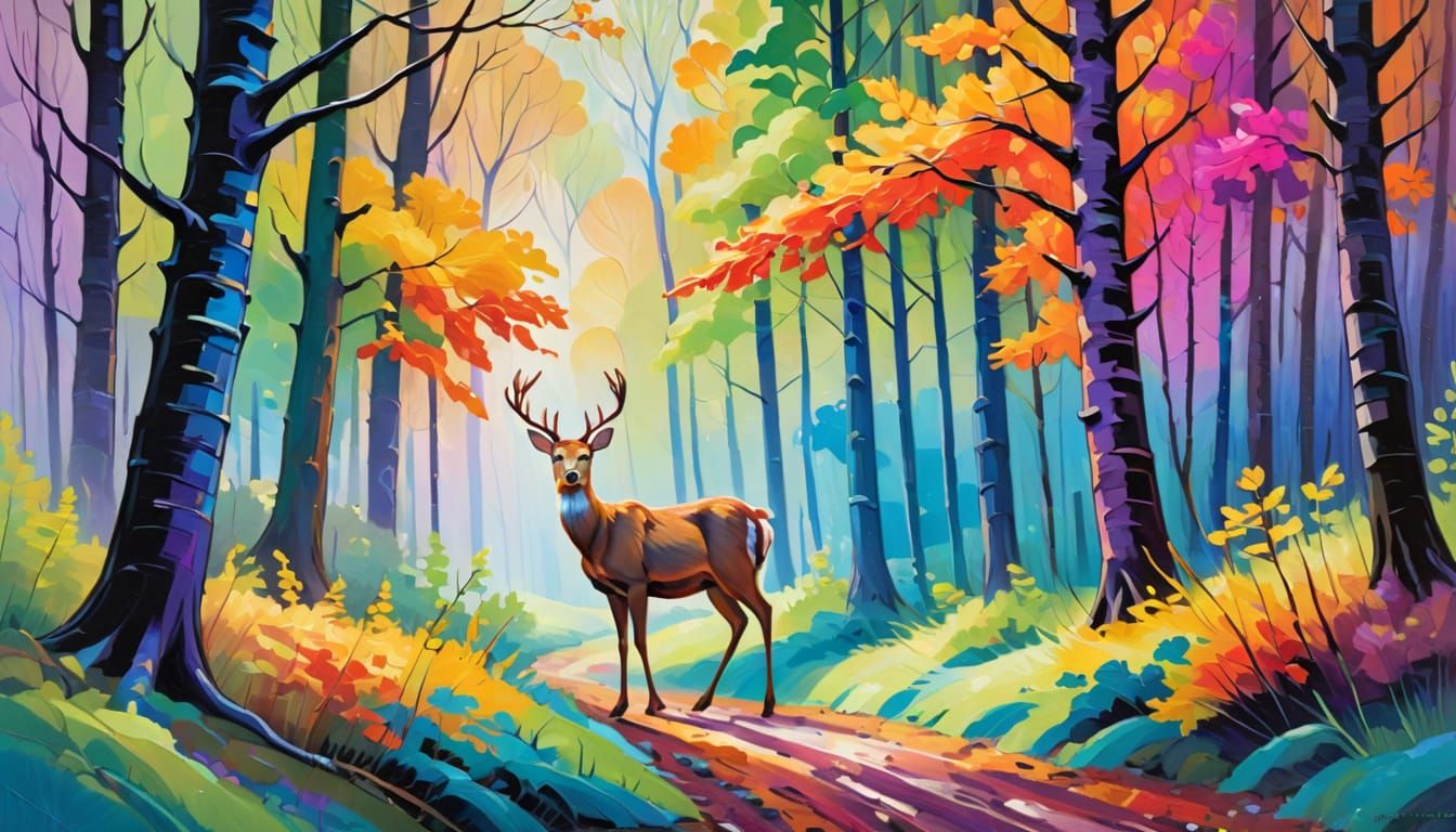 Neo-Impressionist Woods Scene with a Deer