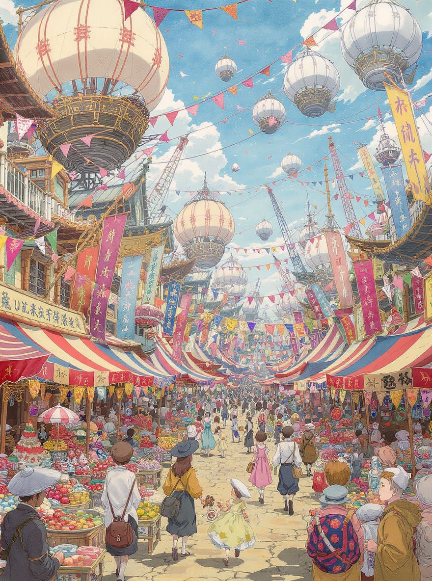 Lively Festival in Bustling Port City, Anime Style