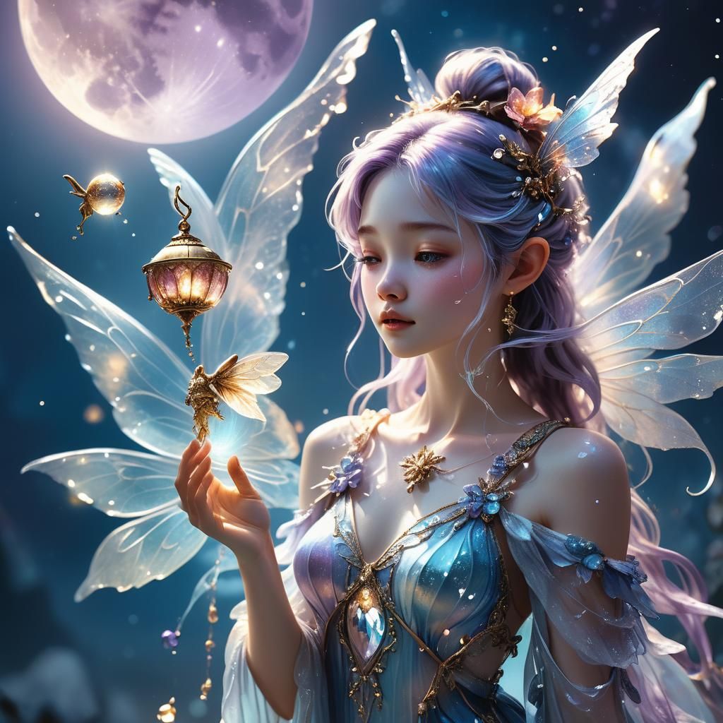 Crystal Fairy in Moonlight: Hyperrealistic Splash Art