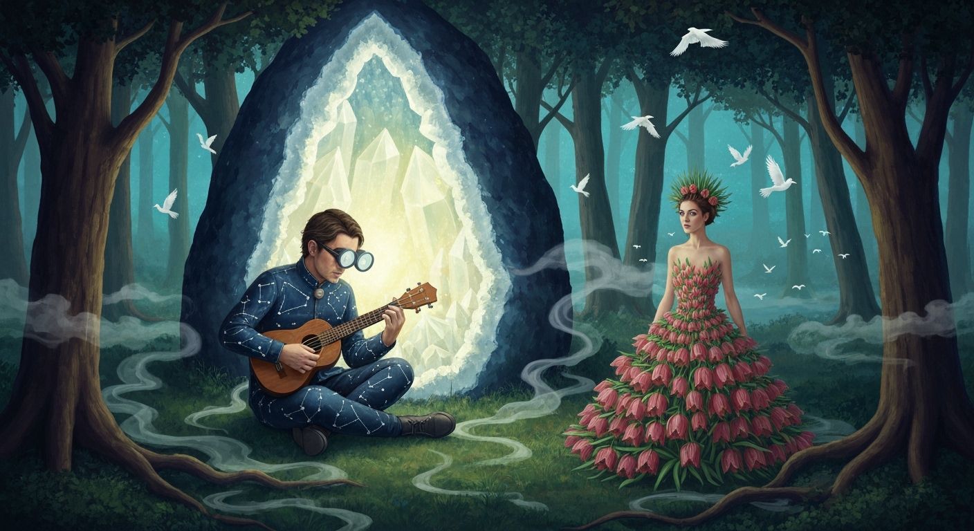 Celestial Cartographer in Crystal Geode Grove, Impasto Acryl...