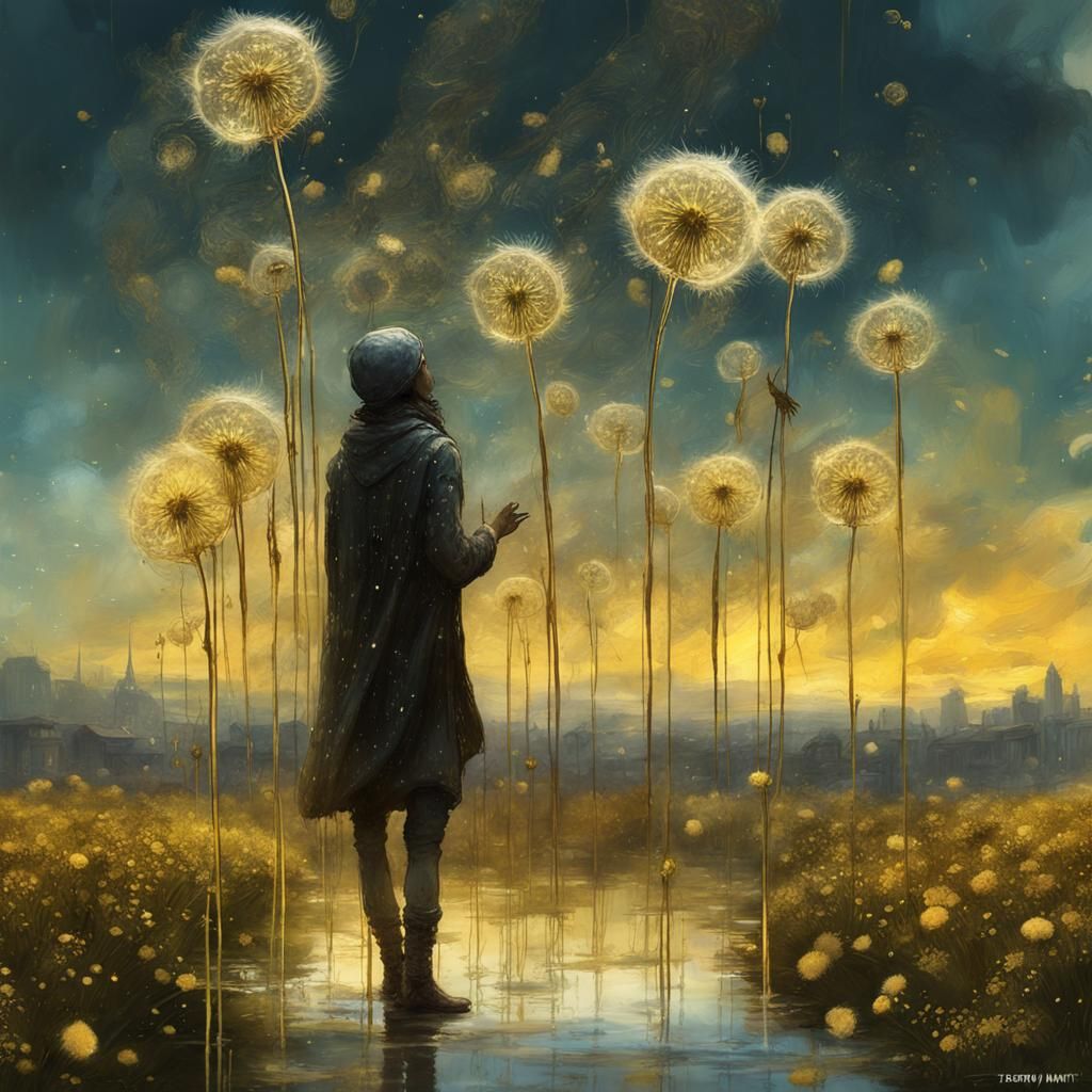 Golden Dandelion Sculpture Descending from Dreamy Sky