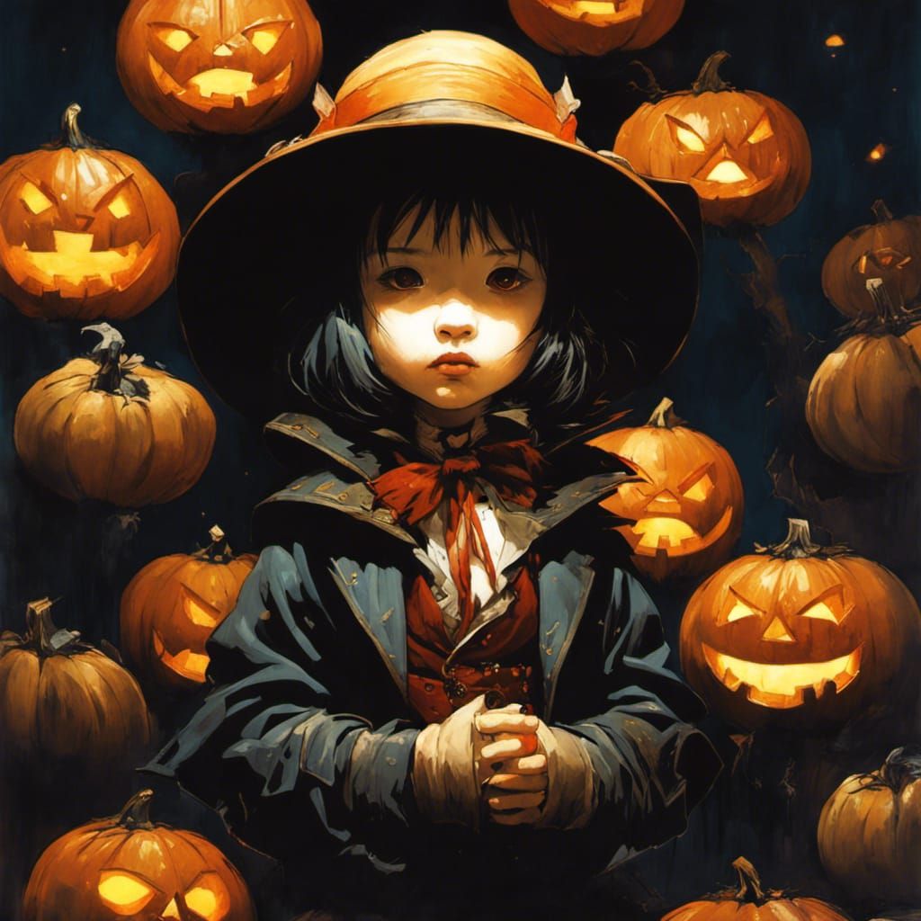 Elegant Vampire Sorceress with Jack-o-Lanterns