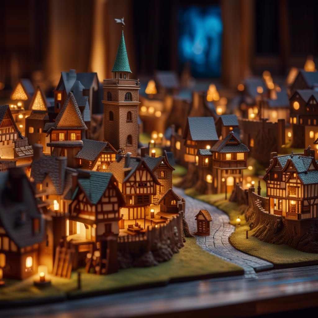 Glowing Medieval Town Diorama on Gold Coin
