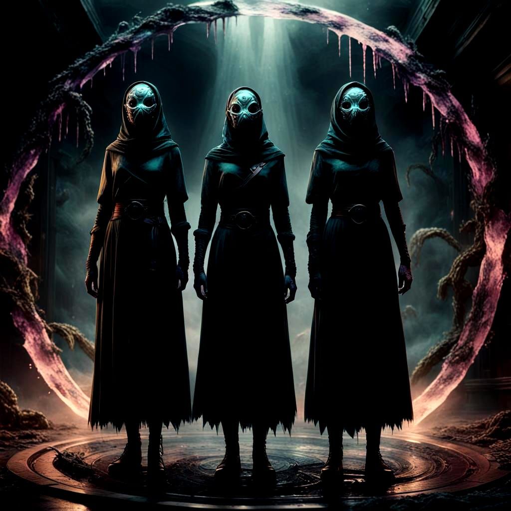 Eerie Masked Women Staring into Eternity: Dark Fantasy Art