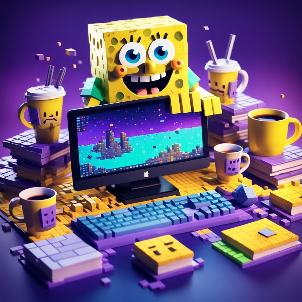 SpongeBob Coding in Low Polygon Voxel Art