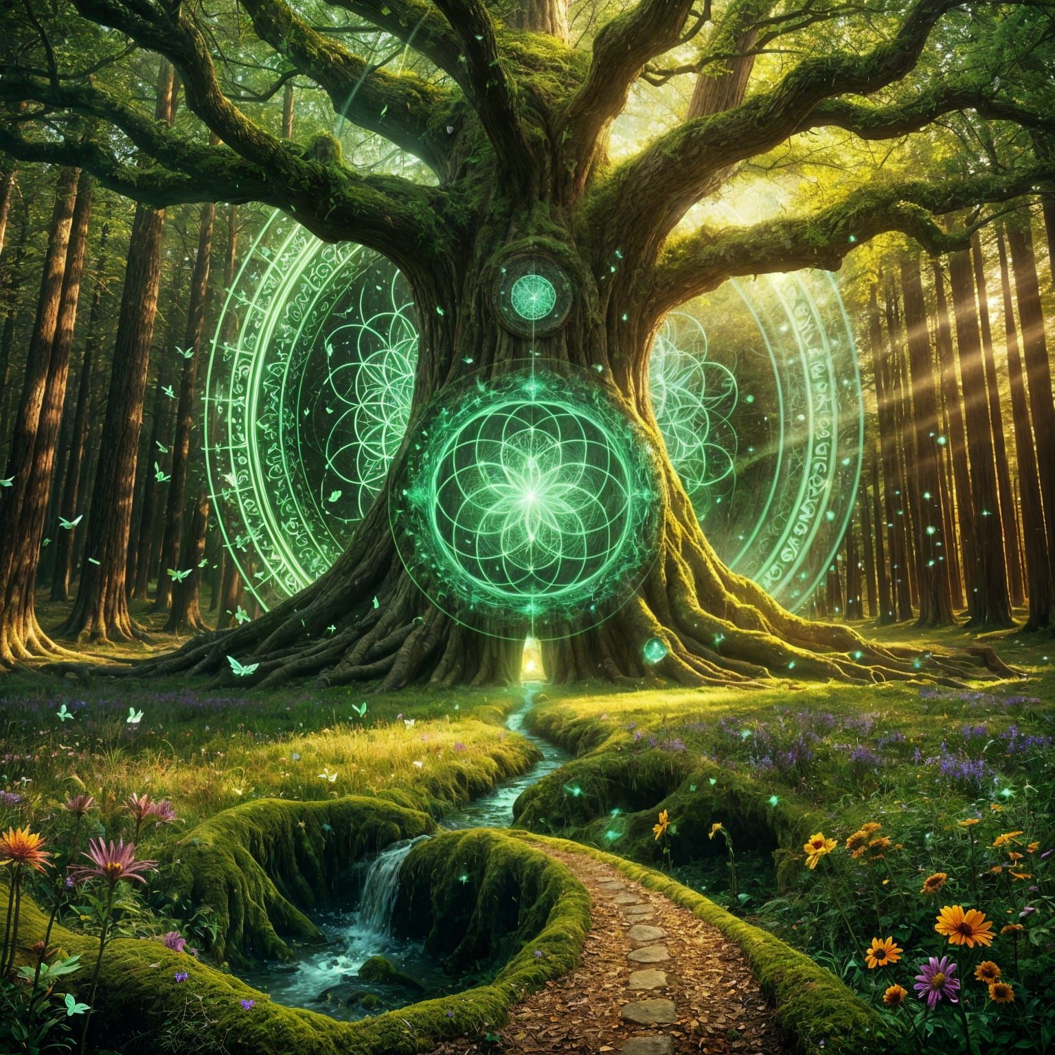 Ethereal Oak Tree Shines with Emerald Energy in a Magical Fo...
