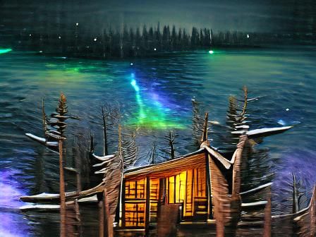 Winter Cabin Under Aurora Borealis