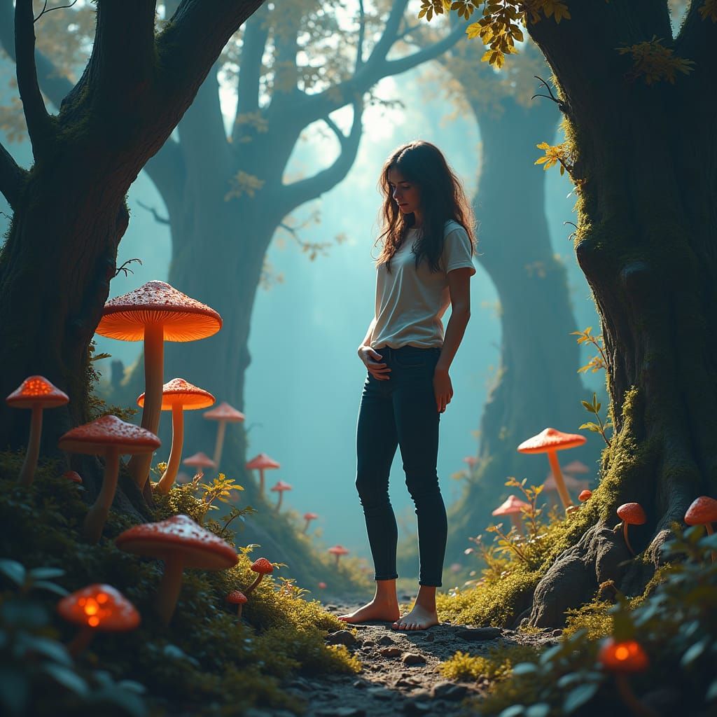 Mystical Forest: Woman's Comedic Plea in Fantasy Art