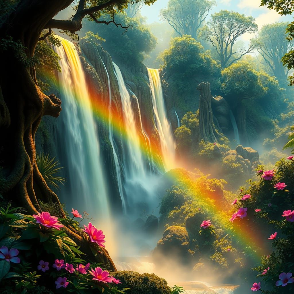Rainbow Jungle Oasis in Vibrant, Cinematic Style