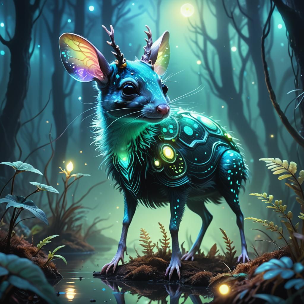 Bioluminescent Alien Mouse-Deer in Forest: Sci-Fi Illustrati...