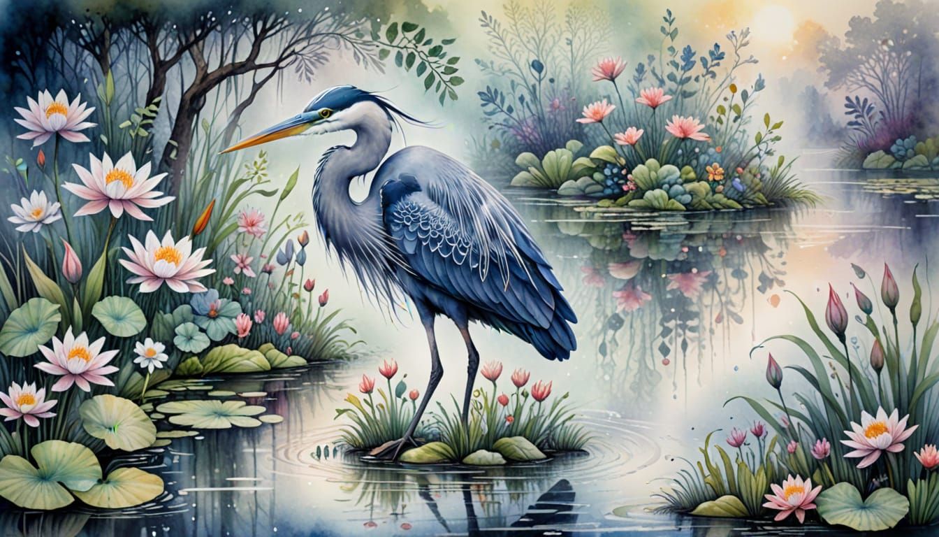 Stunning Heron Bird in a Pond, ethereal, zentangle, mysterious fog, flowers, fantasy garden; watercolor, brushstrokes