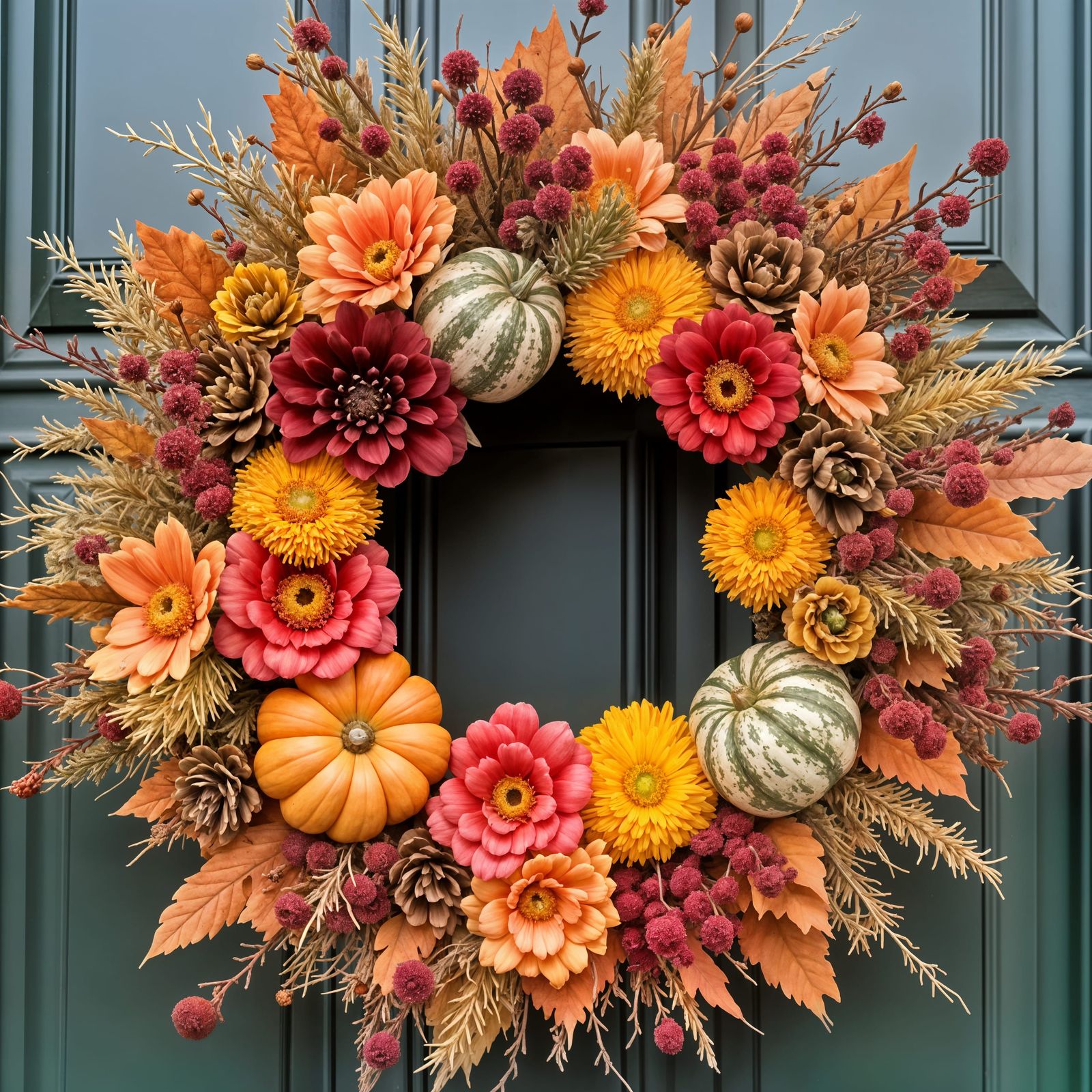 Autumn Wreath With Pumpkins, Gourds, And Flowers
