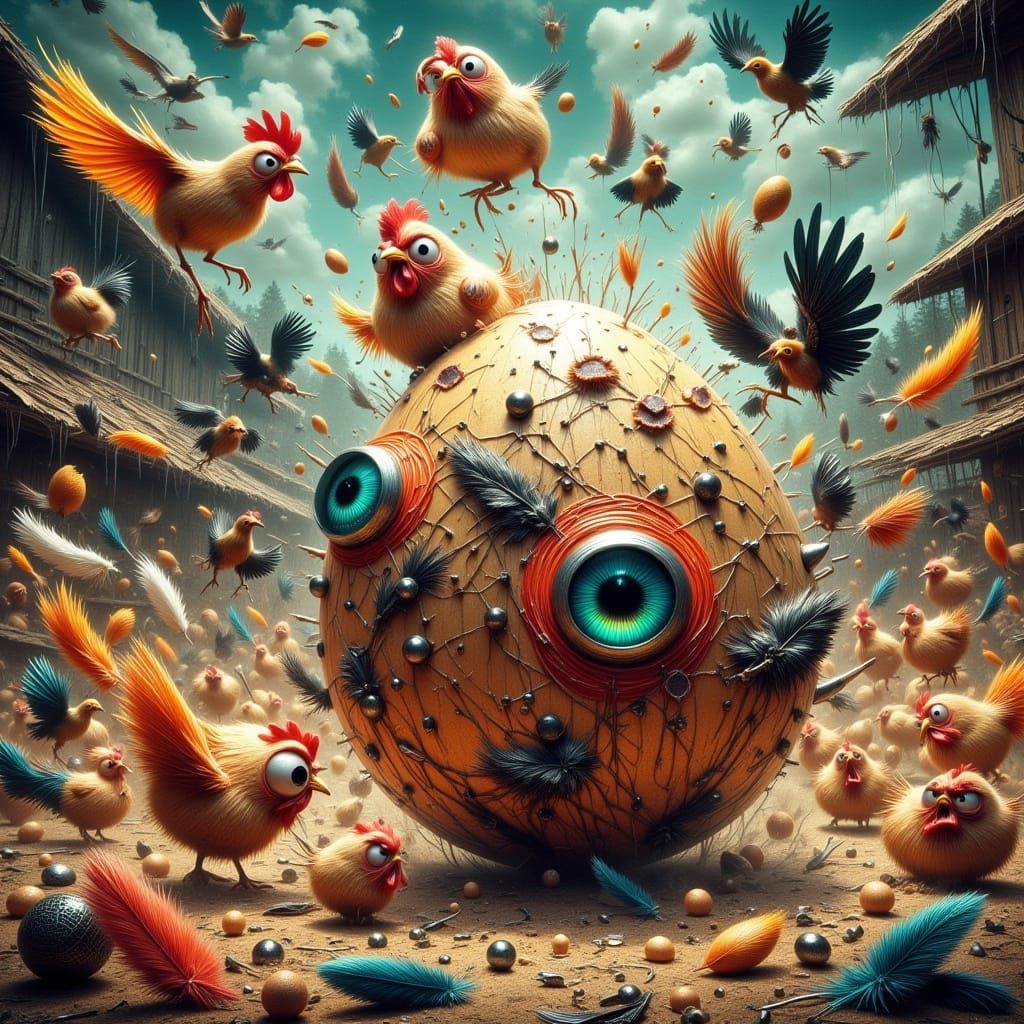 Angry Egg Creature Chases Chicken in Barnyard