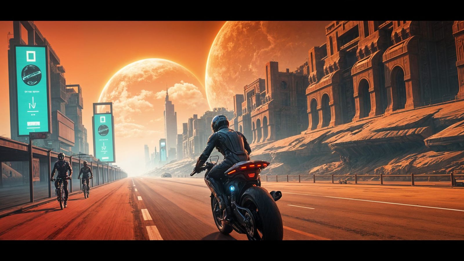 Futuristic Motorcycle Race Through Alien Canyon as 3D Game A...