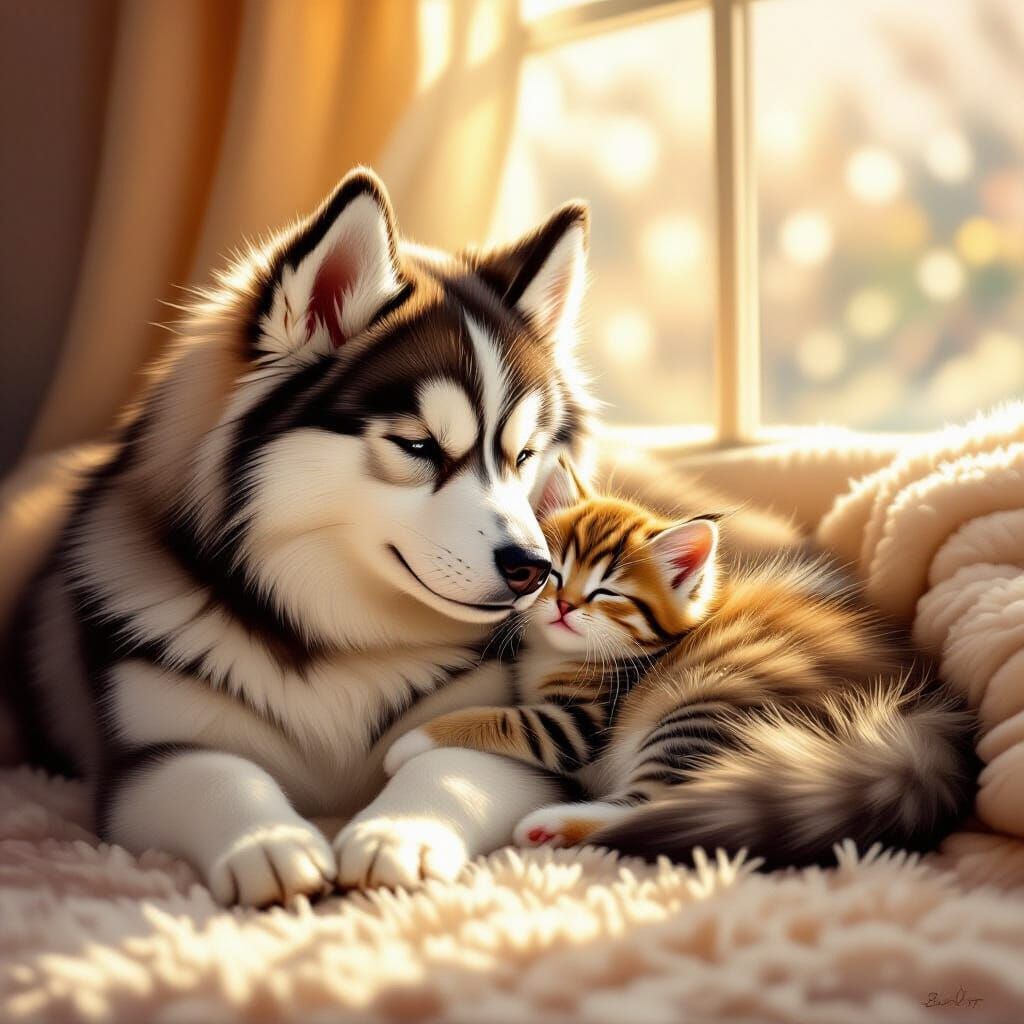 Husky and Kitten Cuddle in Warm Sunlight