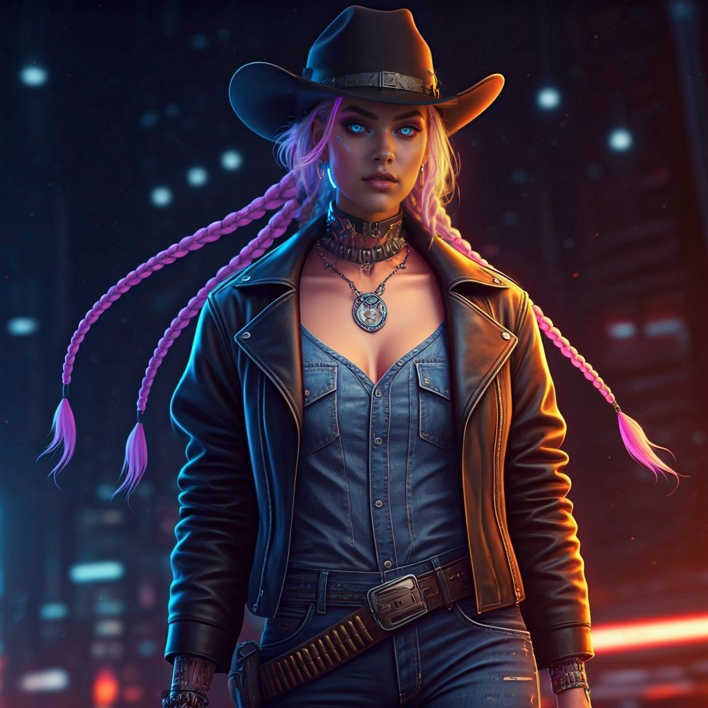 Cyborg Cowgirl in Neon Cyberpunk Metropolis