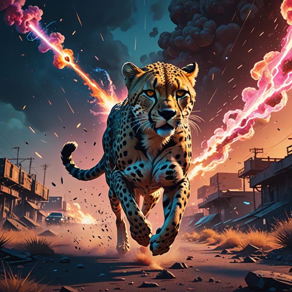 Dystopian Cheetah with Meteor Trail Spots in Sci-Fi Art
