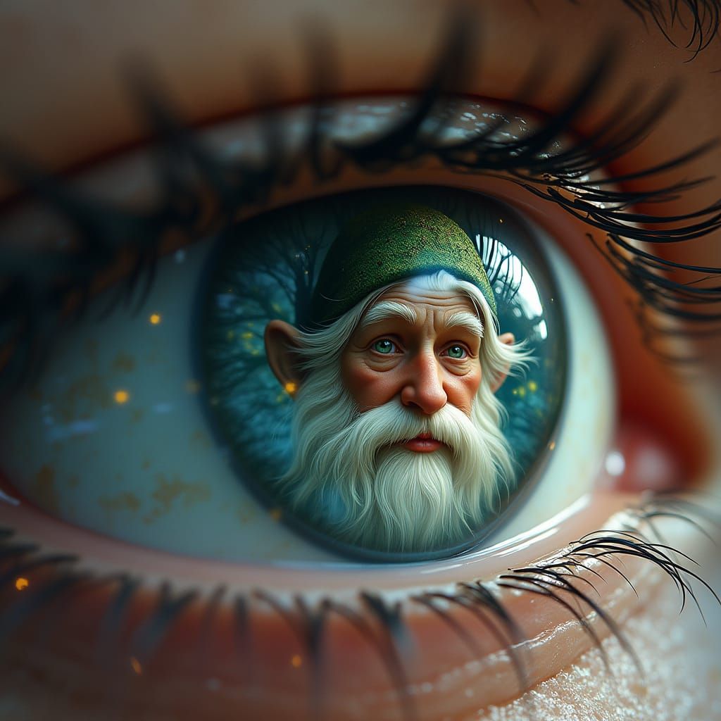 Gnome Reflected in Human Eye Close-up