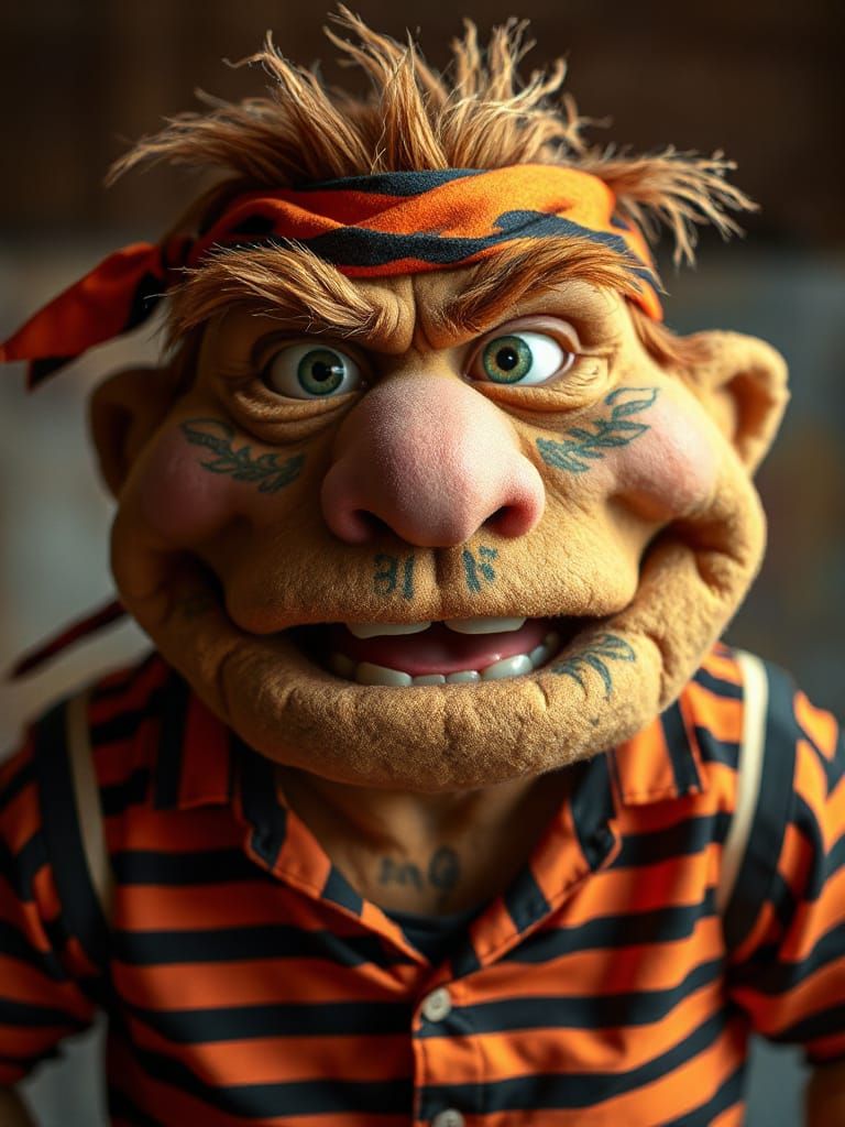 Muscular Prison Muppet with Tattoos in Jim Henson Style
