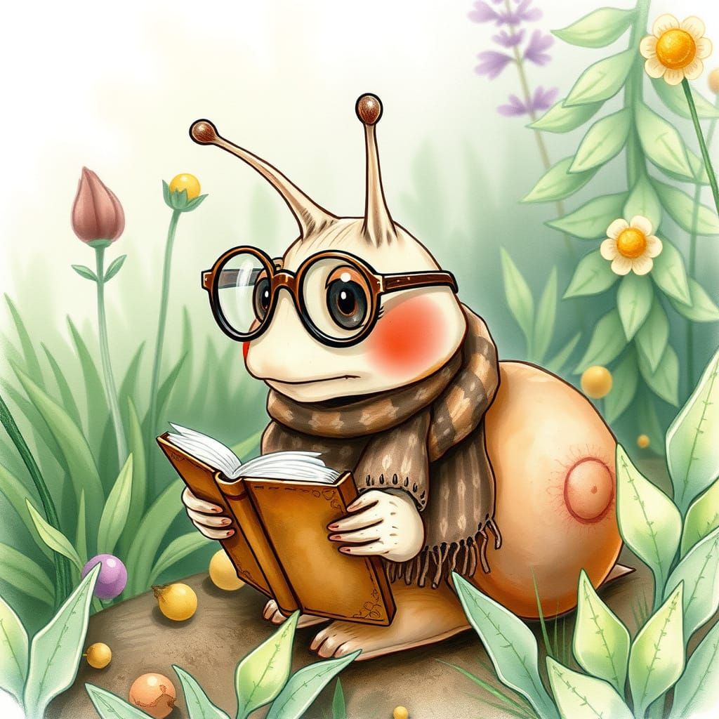 Snail Reader in Garden, Beatrix Potter Style
