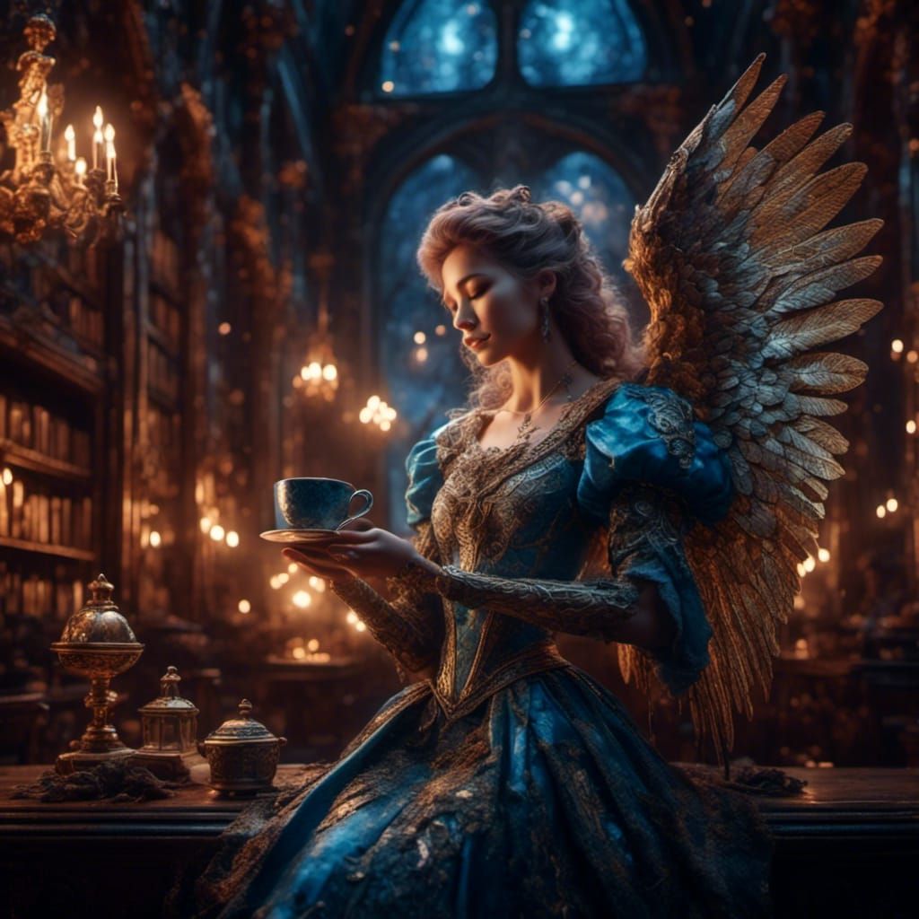 Baroque Angel Sipping Coffee in Mystical Library