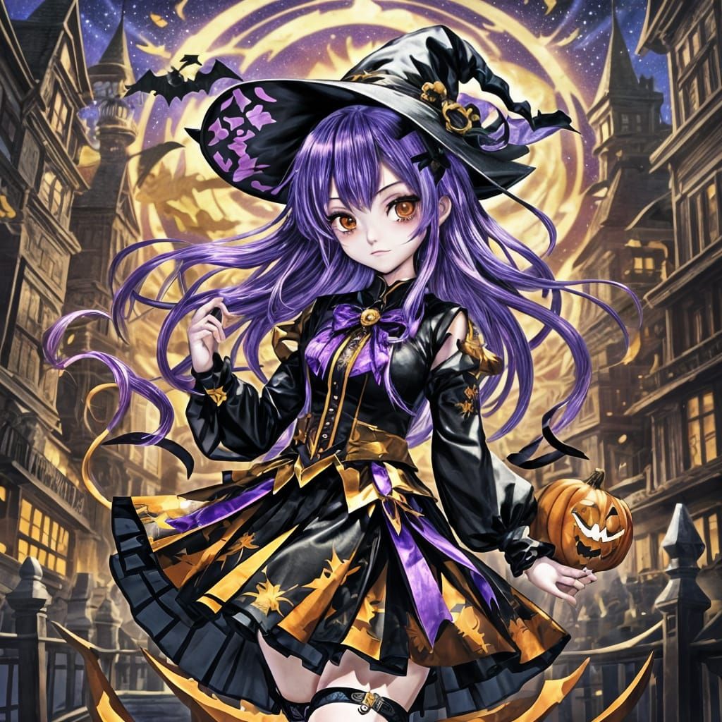 Anime Halloween Goddess Witch With Pumpkin Magic