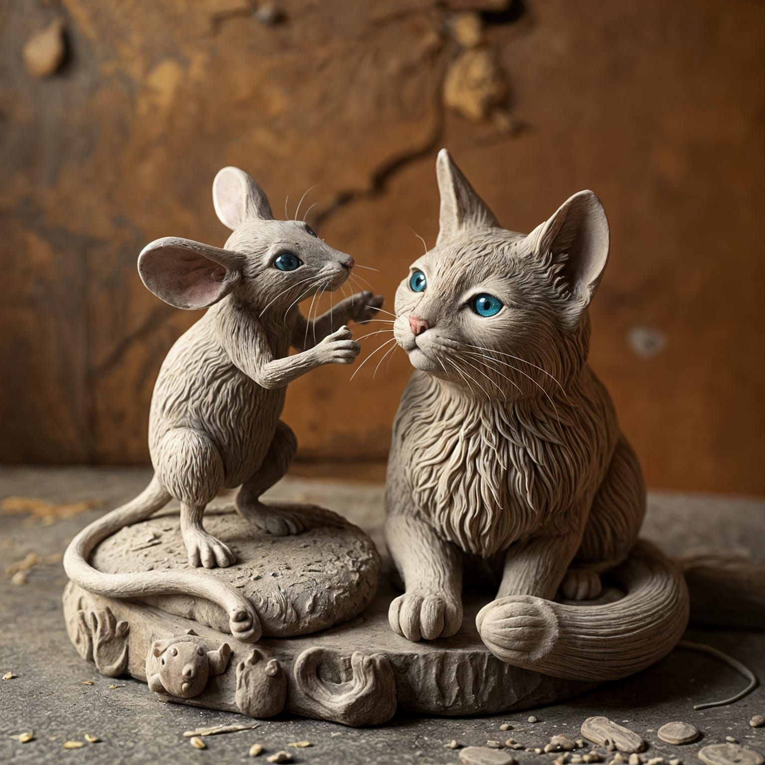 Sculptural Friendship between Mice and Cat