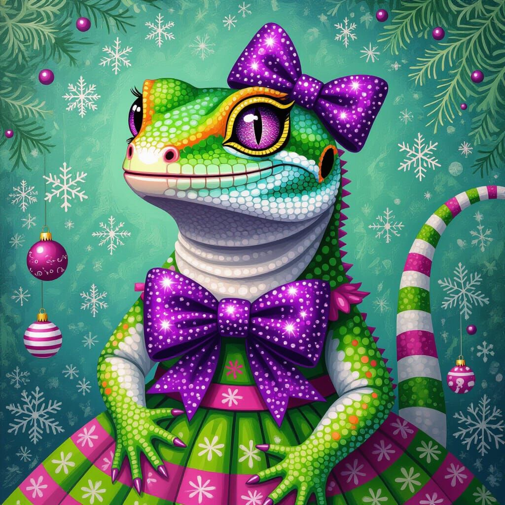 Gecko in Christmas Dress with Purple and Pink Eyes