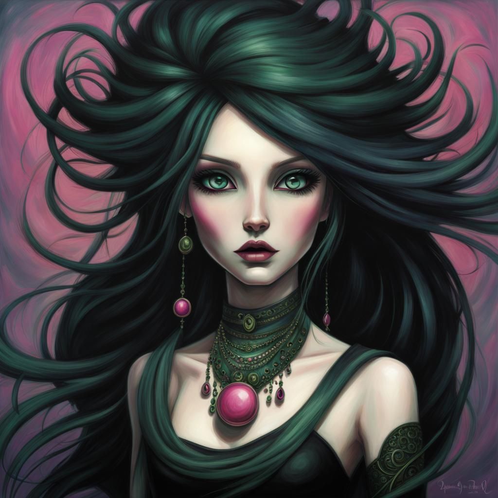 Goth Punk Woman in Windy Street, Art Brut Style