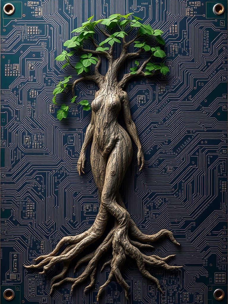 Cyberpunk Goddess Emerges from Circuit Board