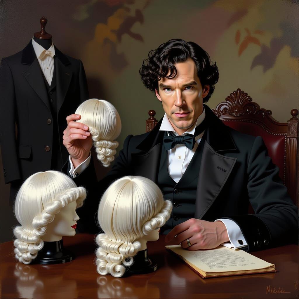 Sherlock Holmes Examines Wigs: A Pre-Raphaelite Scene