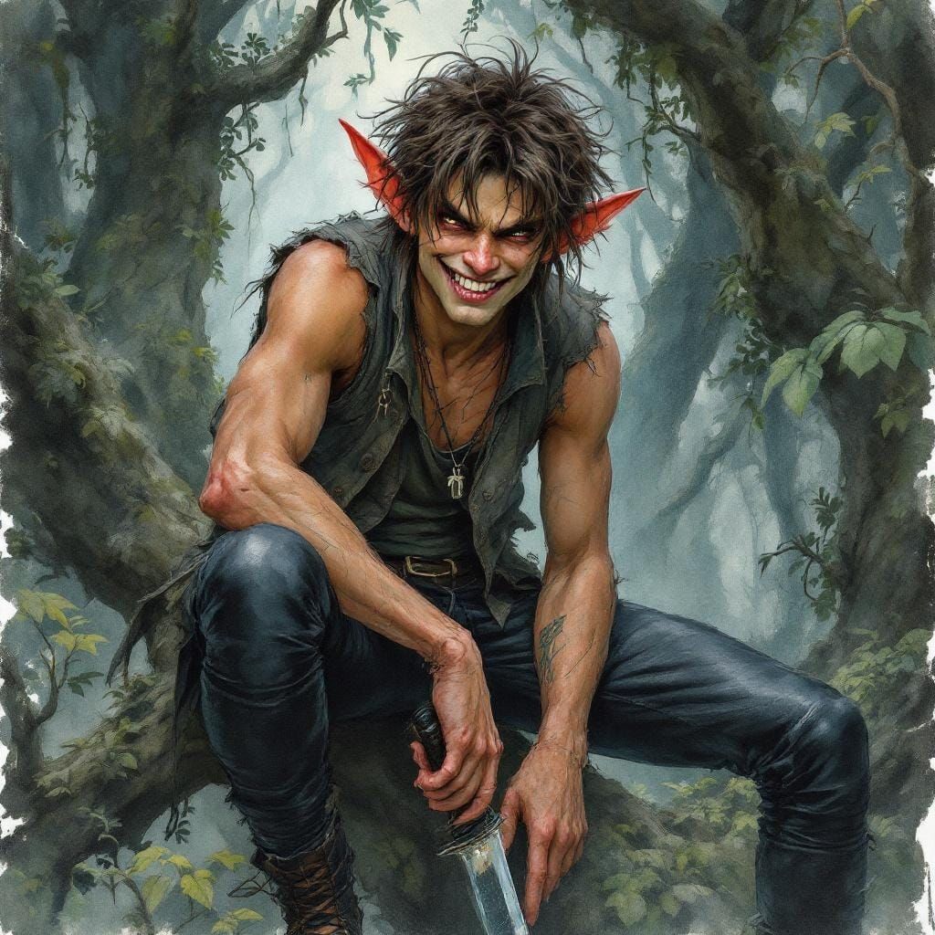 Gay Goblin in Dark Forest, Watercolor Style