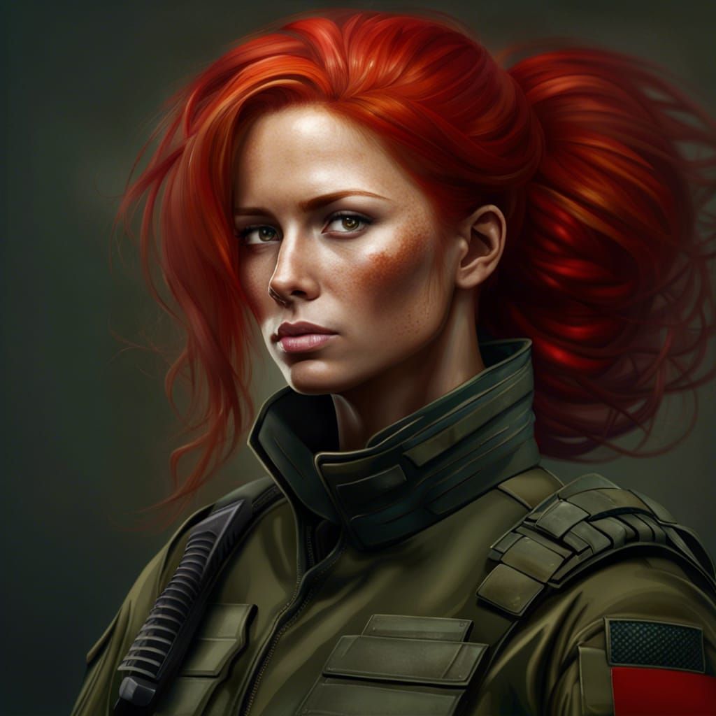 a soldier woman with red hair