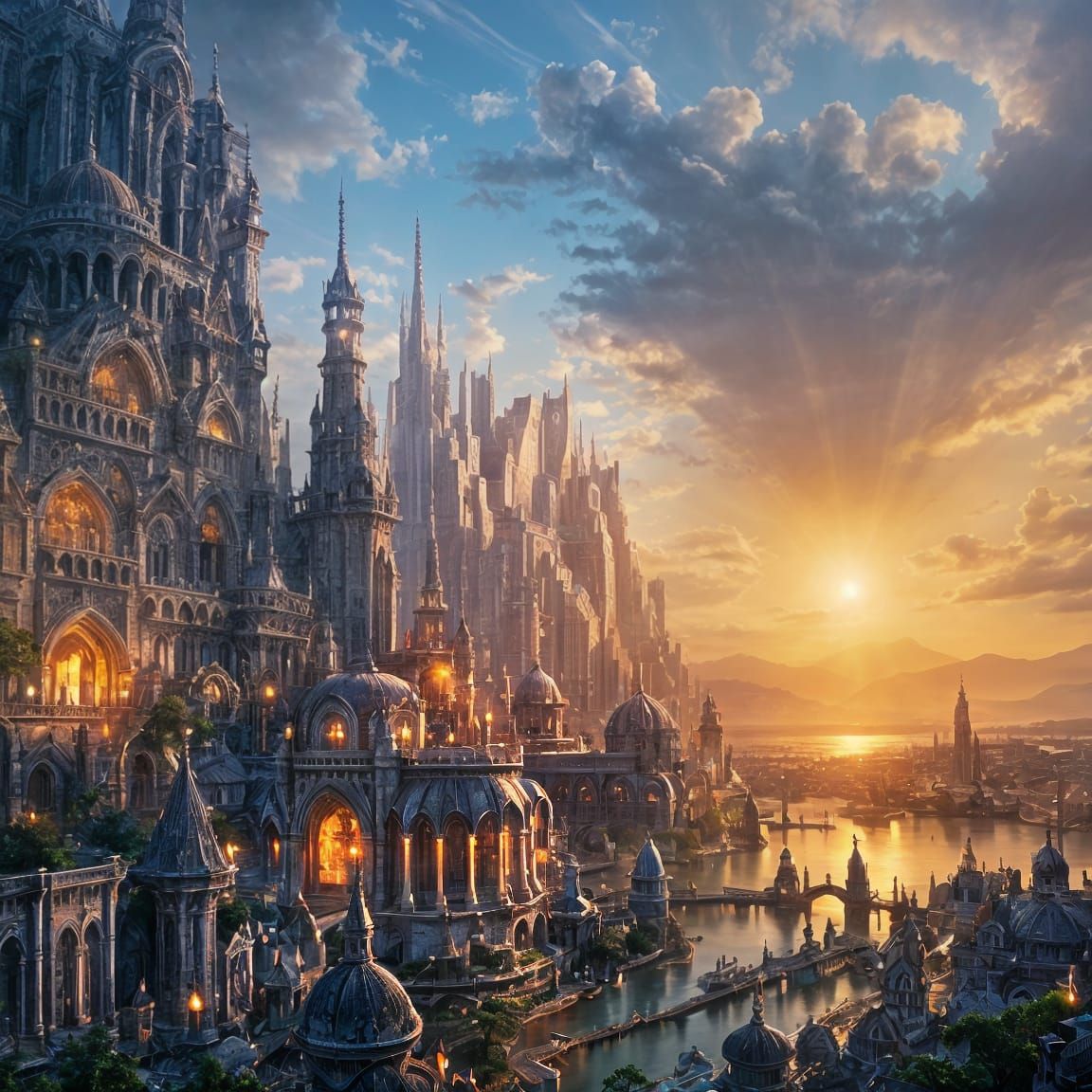 Fantasy City Sunrise: Epic Digital Matte Painting