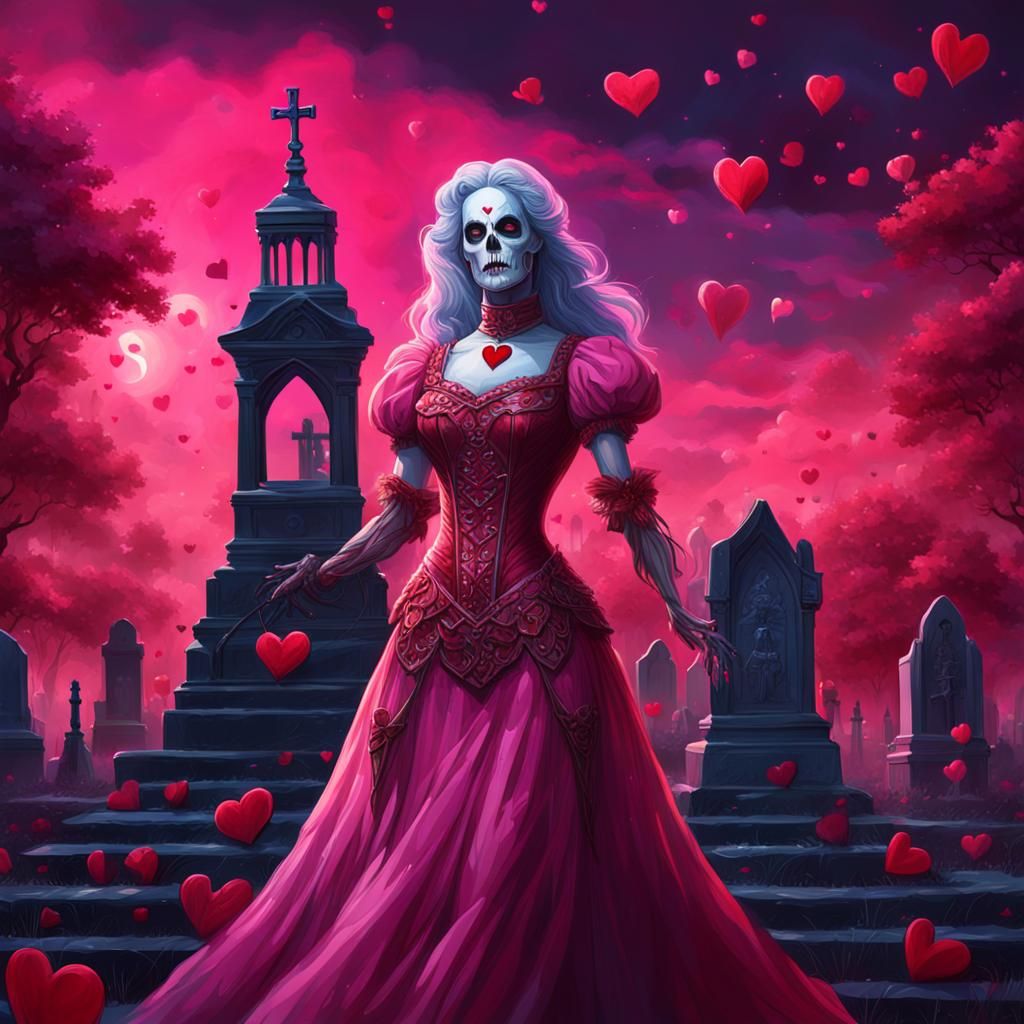 Lady Death in Pink Dress: Cemetery Oil Painting