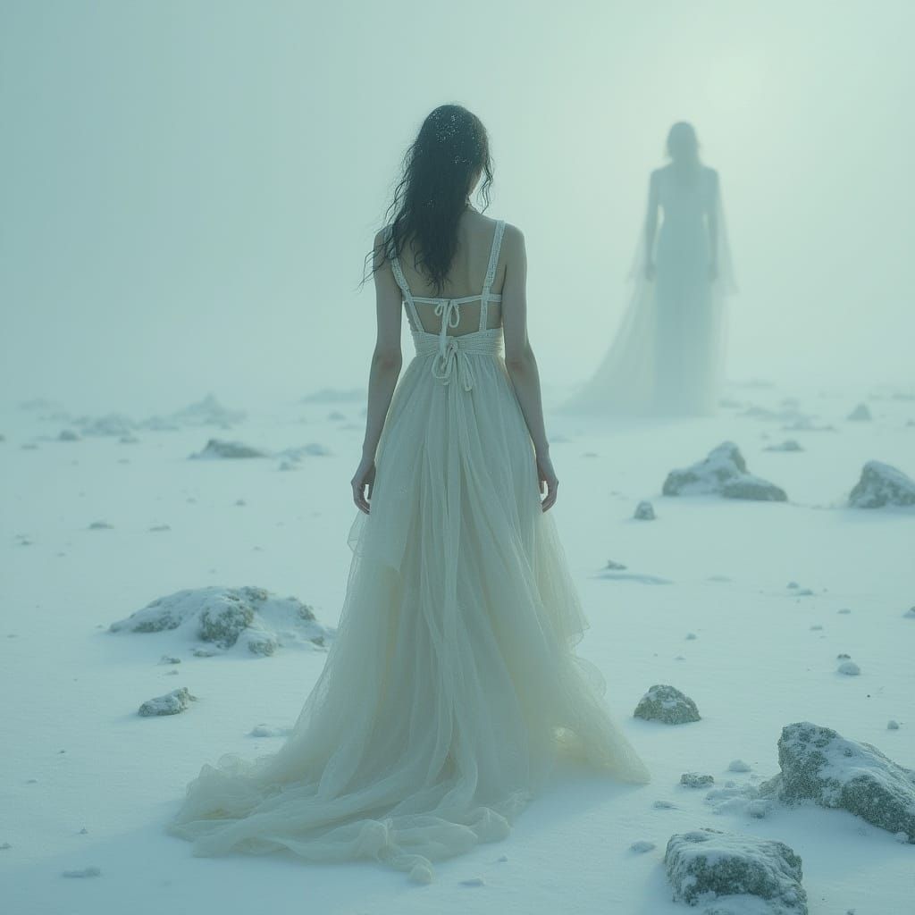 Sorrowful Ethereal Woman in Frozen Landscape