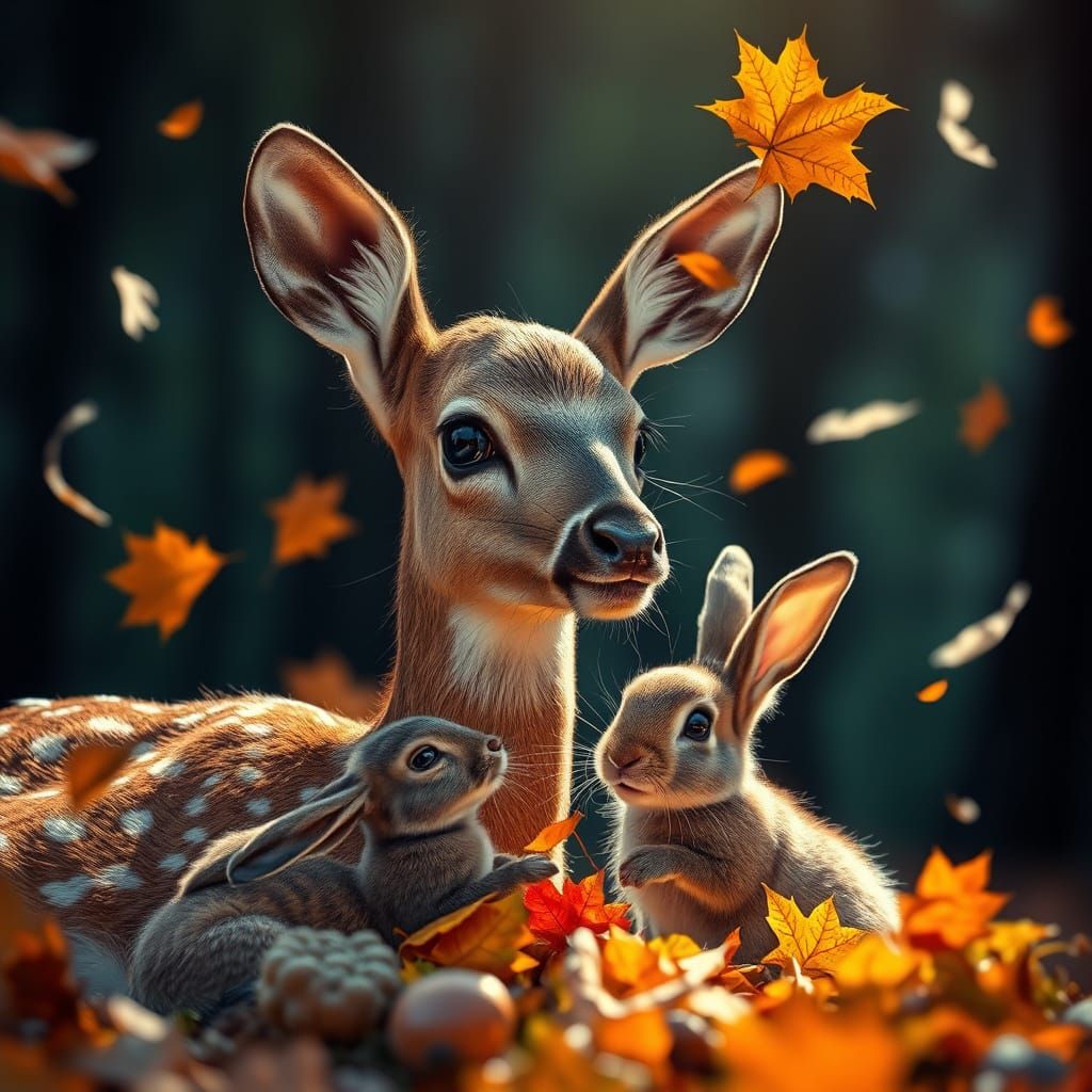Fawn and Bunny Play in Autumn Forest