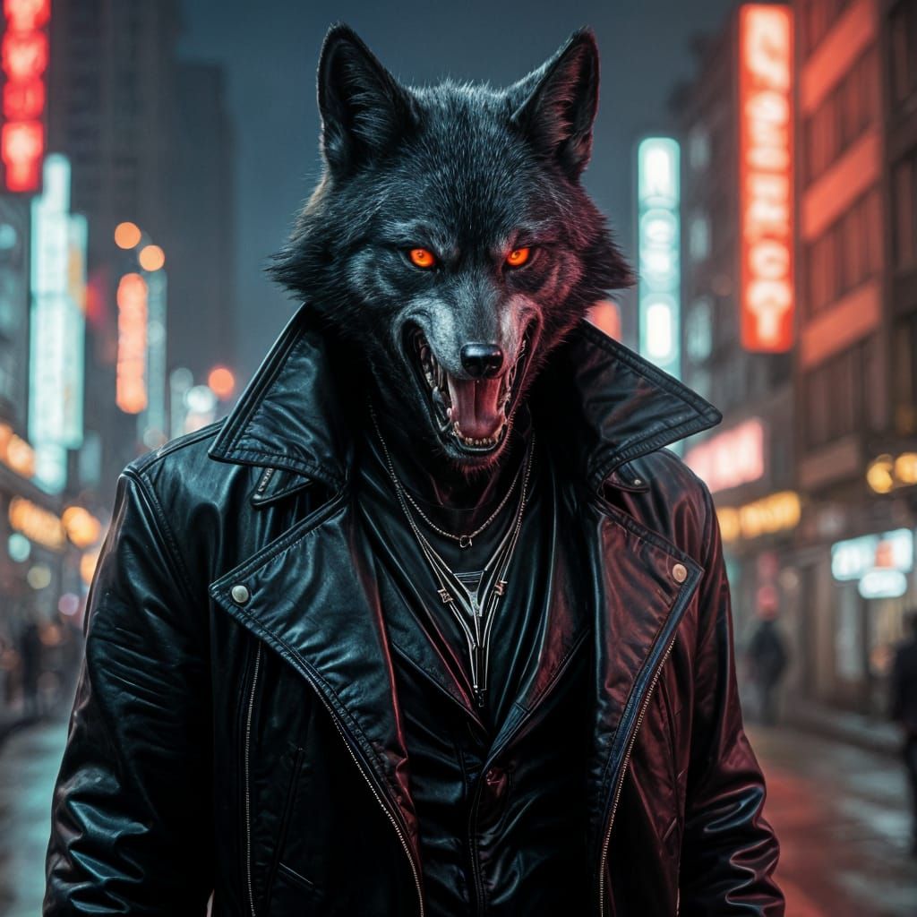 Cyberpunk Wolf Terrorizes Art Deco City at Night