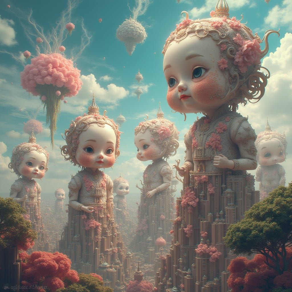 Surreal Porcelain Doll Cityscape in Digital Painting Style