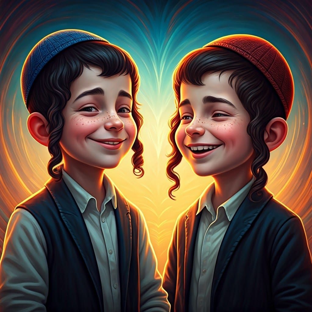 Whimsical Jewish Children in Vivid Fantasy Landscape