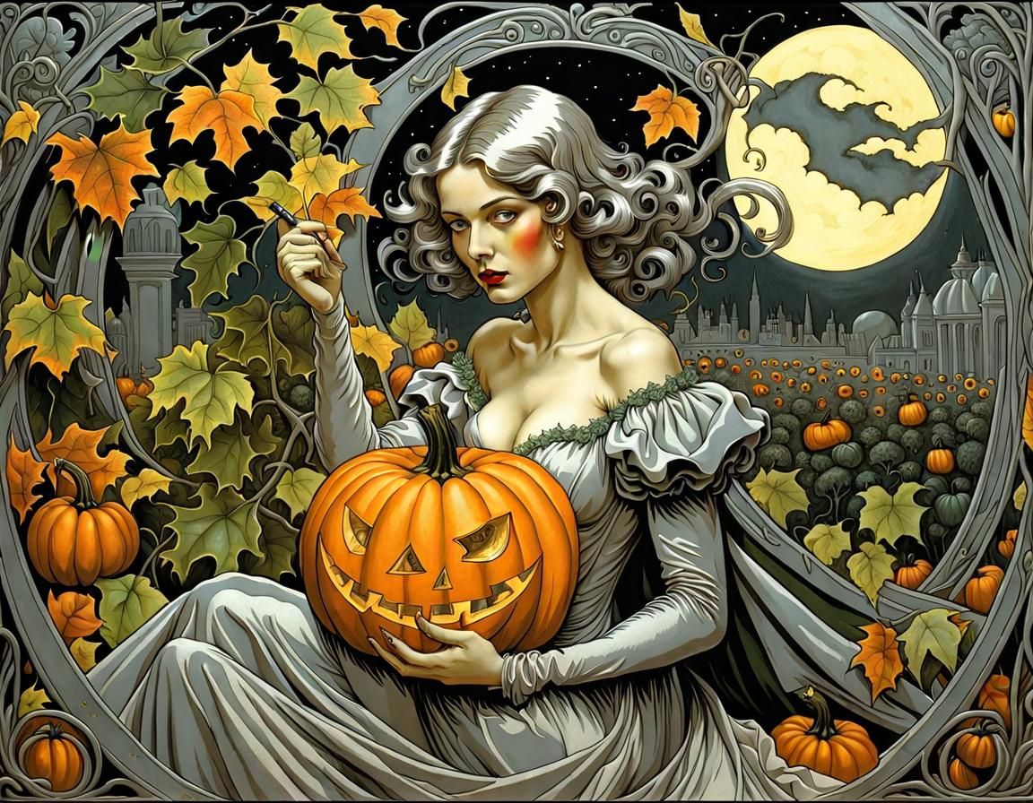 Elegant Pumpkin Carving in Pre-Raphaelite Style