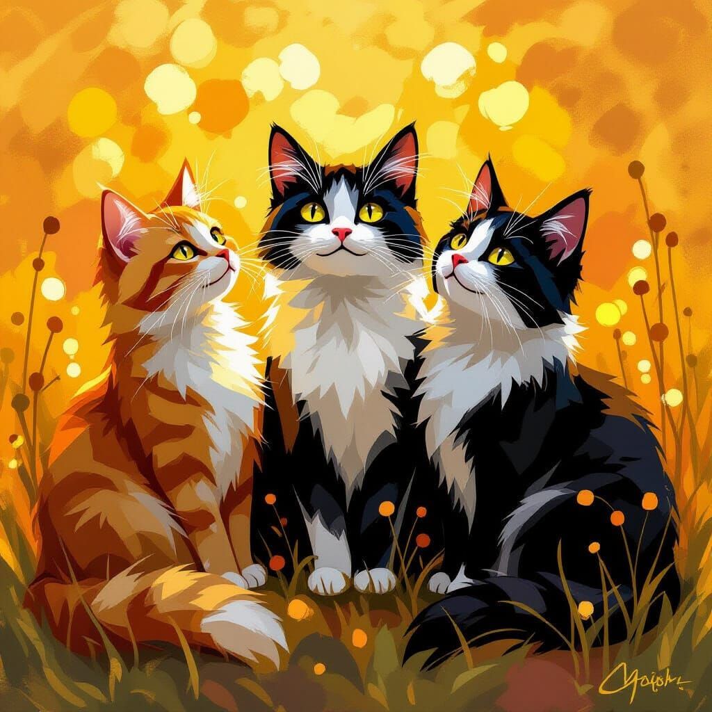Whimsical Cats in Golden Light: Impressionistic Painting